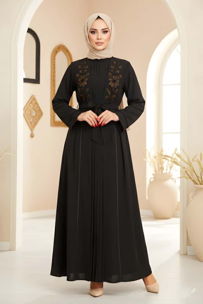 عباية قطعتين موديل قفطان ملكي فستان بلاسيه ومشلح قبة ردة ملكية مع شك يدوي حجر كريستال القماش كبردين دبي - الصورة 5