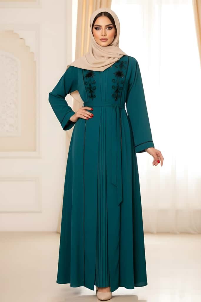 عباية قطعتين موديل قفطان ملكي فستان بلاسيه ومشلح قبة ردة ملكية مع شك يدوي حجر كريستال القماش كبردين دبي - الصورة 6