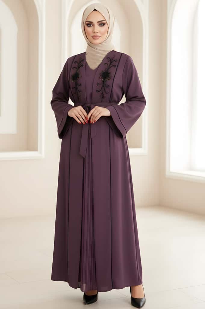 عباية قطعتين موديل قفطان ملكي فستان بلاسيه ومشلح قبة ردة ملكية مع شك يدوي حجر كريستال القماش كبردين دبي - الصورة 2