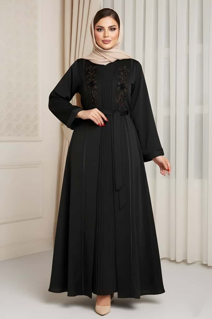 عباية قطعتين موديل قفطان ملكي فستان بلاسيه ومشلح قبة ردة ملكية مع شك يدوي حجر كريستال القماش كبردين دبي - الصورة 7