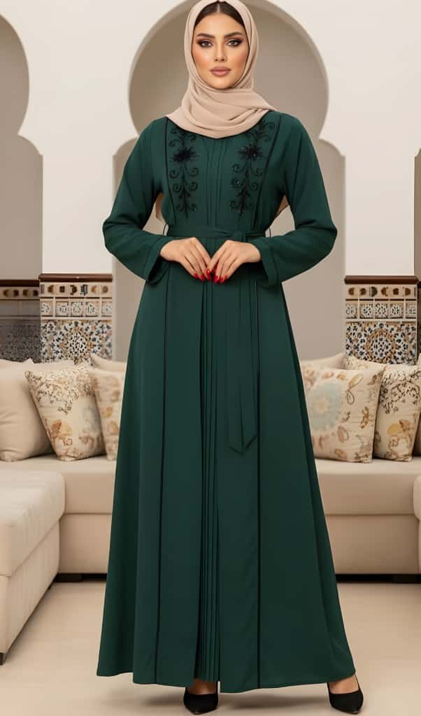 عباية قطعتين موديل قفطان ملكي فستان بلاسيه ومشلح قبة ردة ملكية مع شك يدوي حجر كريستال القماش كبردين دبي - الصورة 4