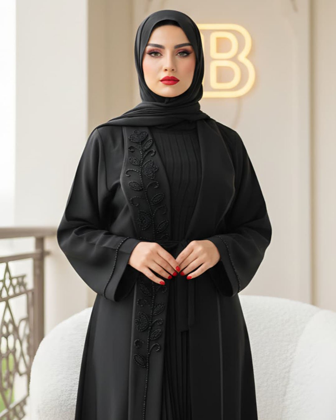 عباية قطعتين موديل قفطان ملكي فستان بلاسيه ومشلح قبة ردة ملكية مع شك يدوي حجر كريستال القماش حبر اماراتي - الصورة 3