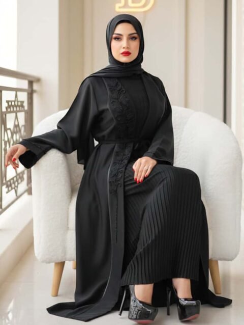 عباية قطعتين موديل قفطان ملكي فستان بلاسيه ومشلح قبة ردة ملكية مع شك يدوي حجر كريستال القماش حبر اماراتي