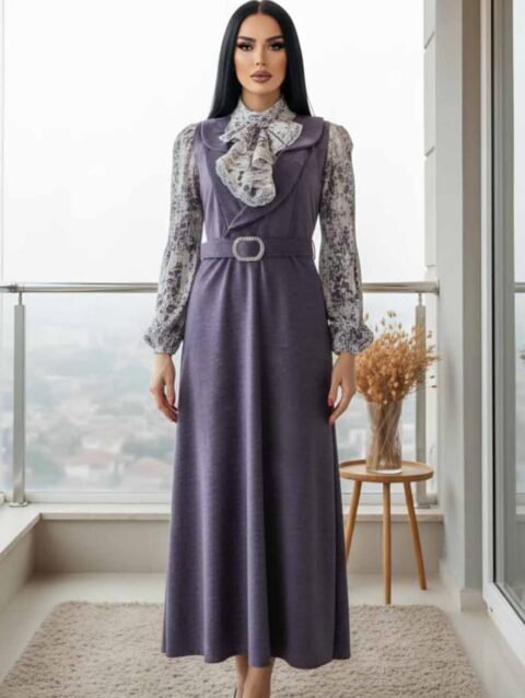 فستان مخمل شاموا محزز قطعتين قبة ملكية مع قميص شاموا مورد كمام بلاسيه دبل كلوش