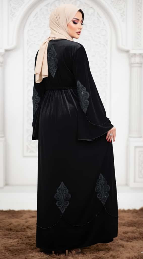 عباية مخمل اجنبي استكس تطريز وتفريغ تول وشك حجر كريستال يدوي - الصورة 2