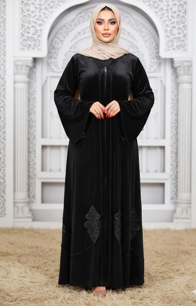 عباية مخمل اجنبي استكس تطريز وتفريغ تول وشك حجر كريستال يدوي - الصورة 4