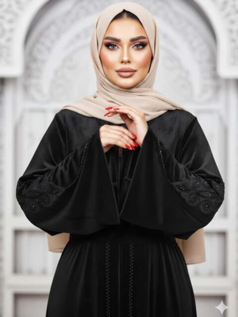 عباية مخمل اجنبي استكس تطريز وتفريغ تول وشك حجر كريستال يدوي